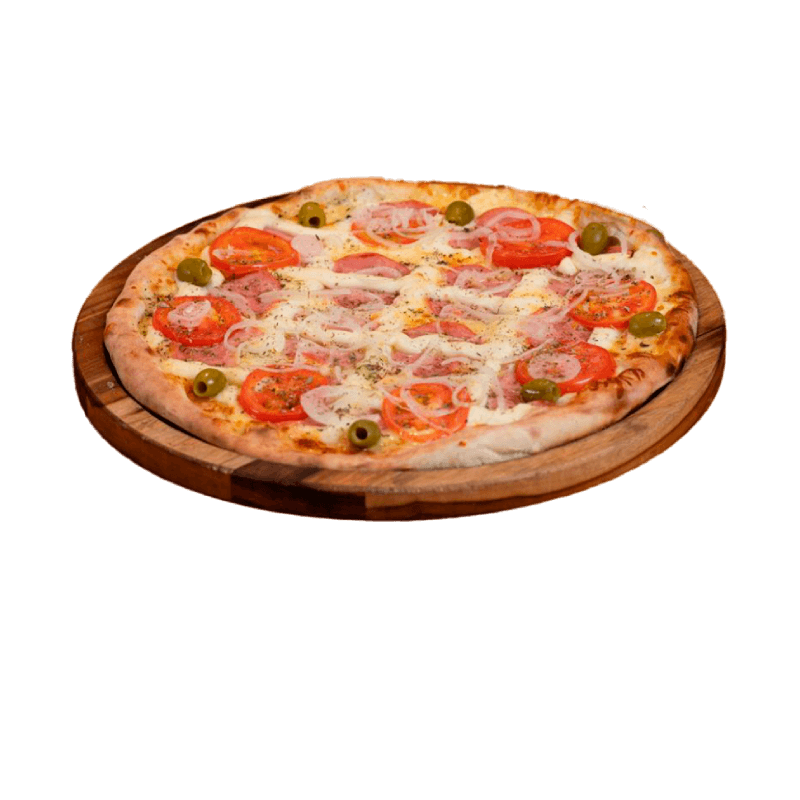 Molho, mussarela, lombo, cebola, catupiry, tomate, orégano e azeitonas.