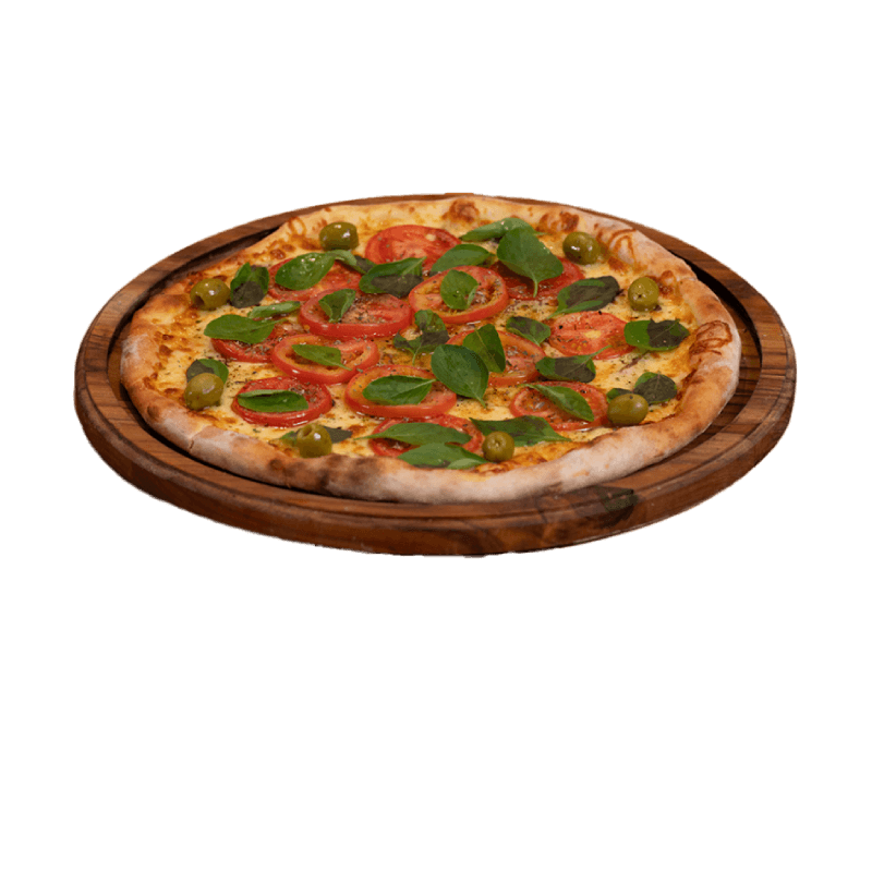 Molho, mussarela, tomate, manjericão e azeitonas.