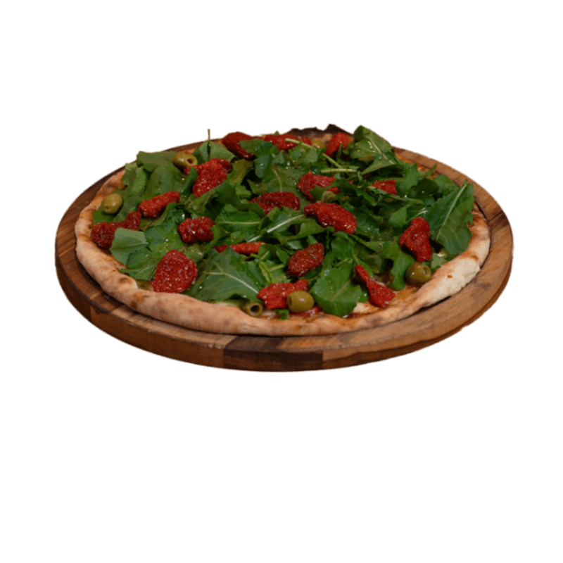 Molho, mussarela, rúcula e tomate seco.